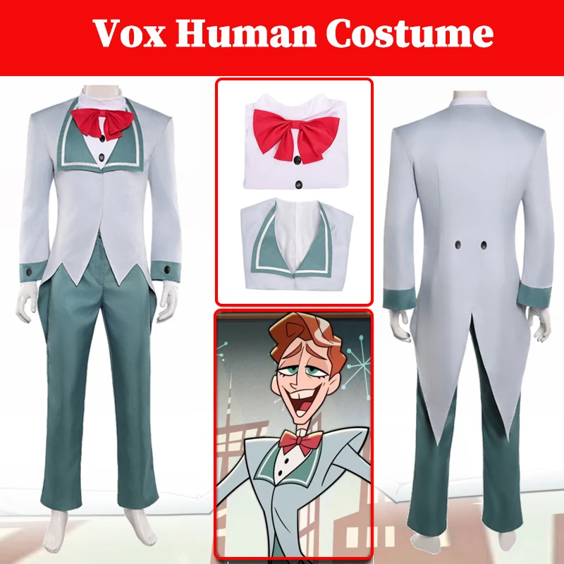 

Hazzbin Human VOX Cosplay Men Light Green Uniform Costume Bow Ties Male Disguise Roleplay Fantasia Clothing Halloween Party Suit