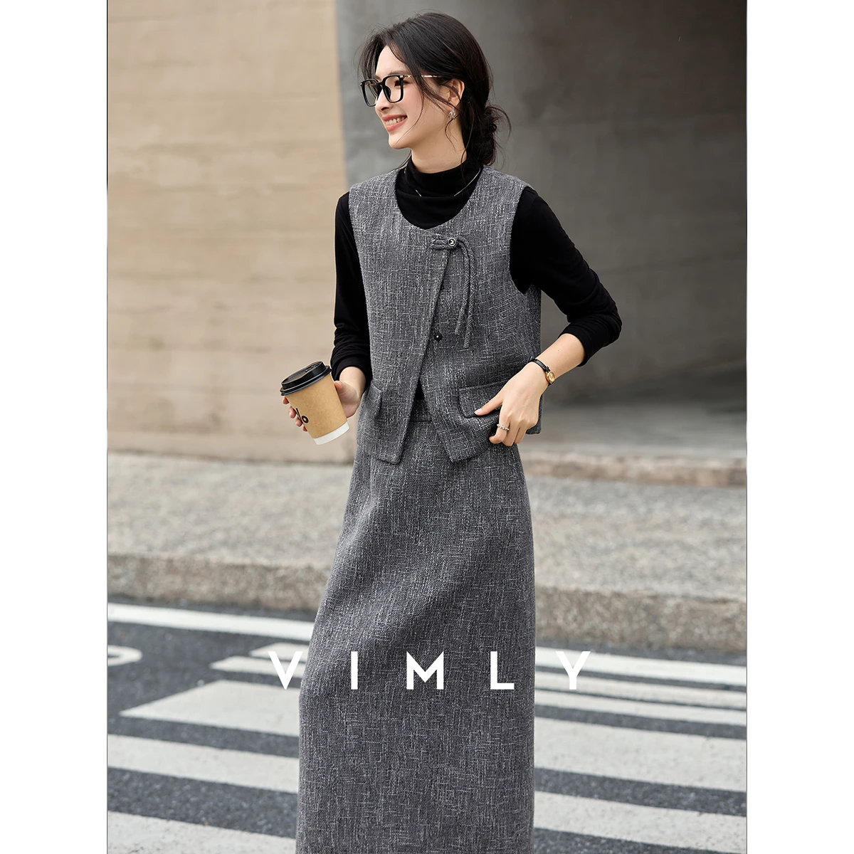 Vimly Women's Tweed Suit Set 2025 autumn new O-Neck vest & A-line Long Skirt office lady commuter elegant Two Piece Outfit