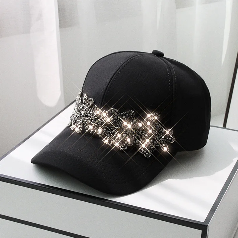 Original Design Bling Rhinestone Beads Baseball Cap for Women Black Casual Sun Protection Visors Fashion Beading Casquette Hats