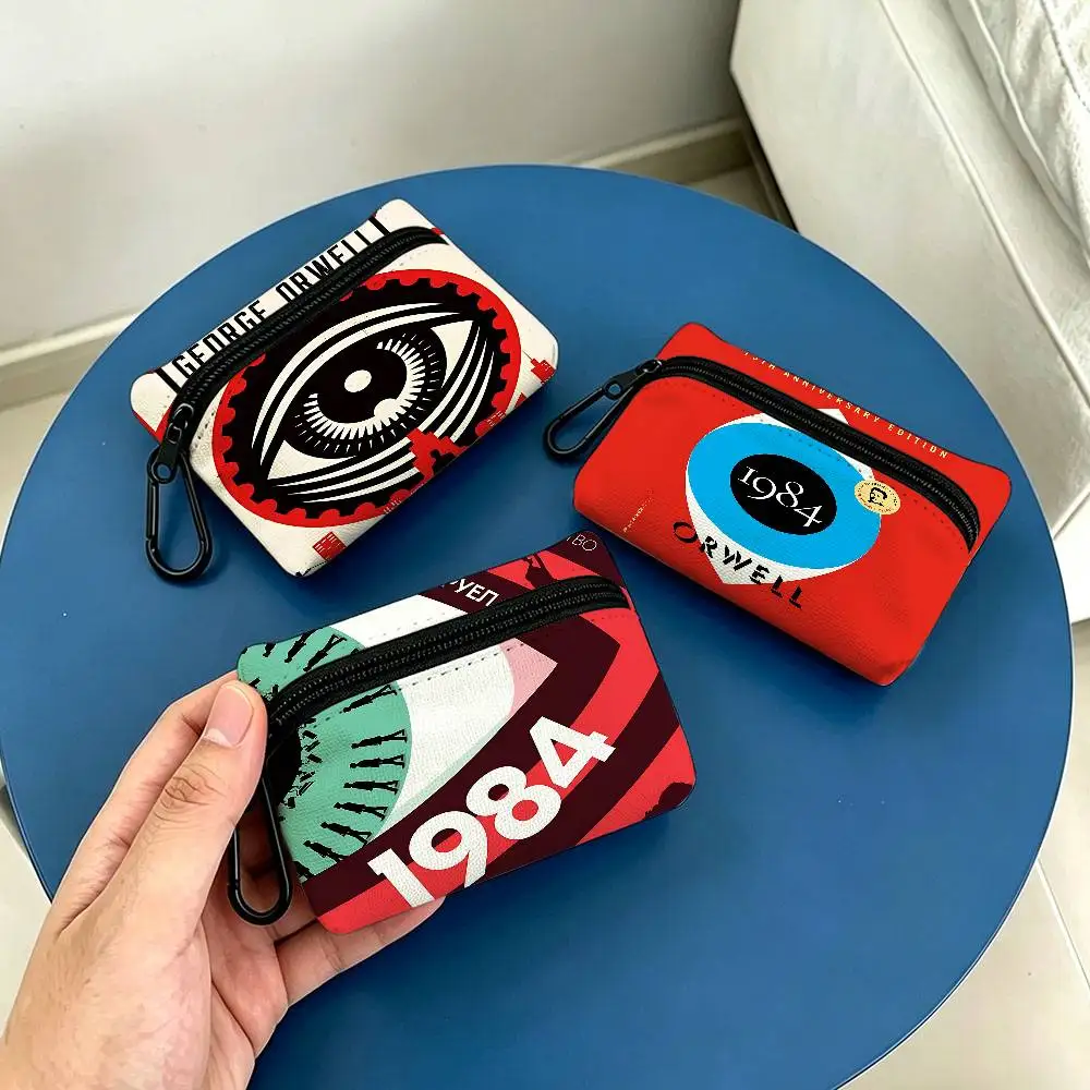 1984 George Orwell Mini Oxford Cloth Coin Purse With Carabiner Hook Portable Key Card Wallet Small Zipper Storage Pouch