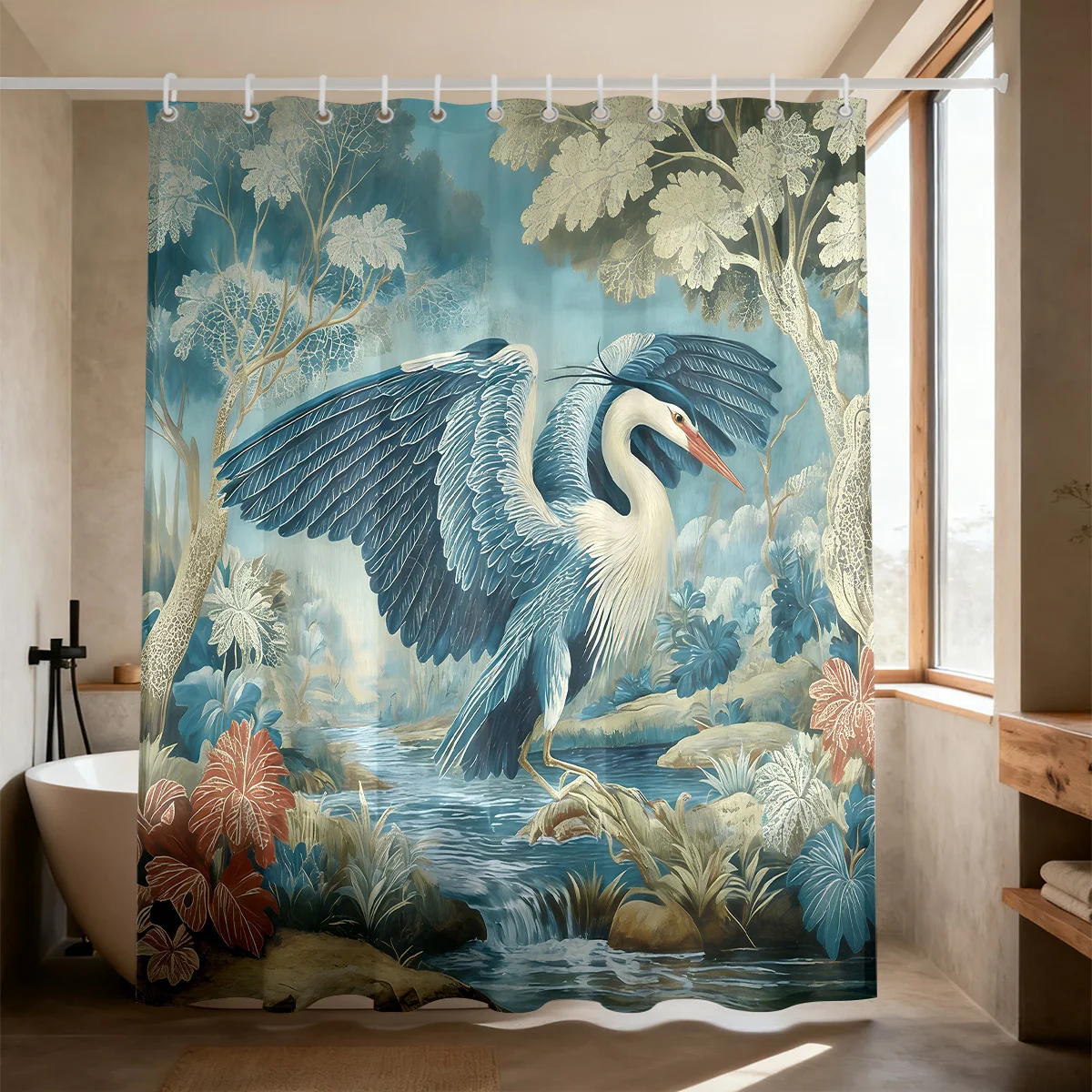 Artistic Tropical Jungle Bird Mural Shower Curtain Bathroom Decor Blue Nature Waterproof Curtain 180x180cm Luxury Design