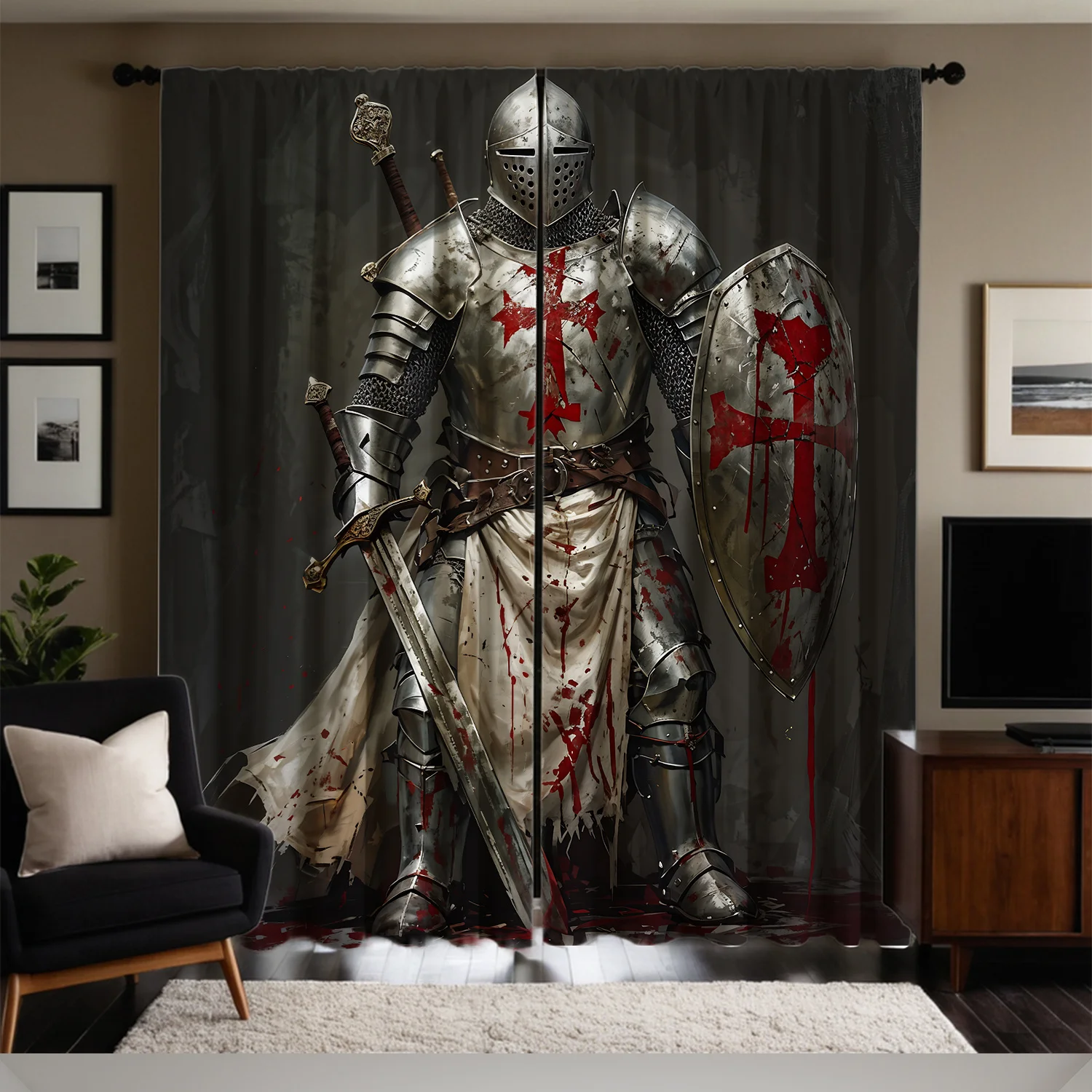 2pcs Medieval Knight & Armor Print Curtains - Rod Pocket, Semi-Transparent Polyester Drapes for Living Room, Bedroom, and Study