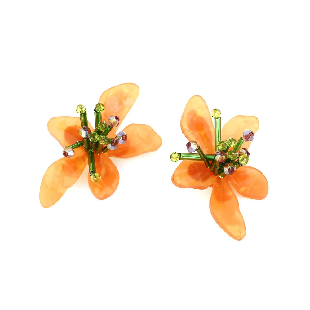 

Hyperbole Acrylic Orange Large Flower Shape Stud Earrings Holiday Jewelry for Women Resin Beaded Big Drop Hanging Earrings Gift