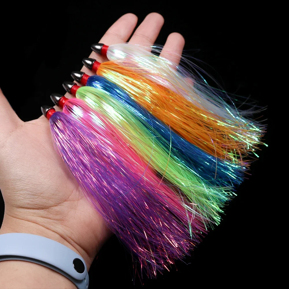 3er-Set/6er-Set 13cm/4,5g Mylar Flash Teaser mit beschwerte Taille und Mylar-Skirt – Salzwasser-Schleppköder für Seebarsch, Mahi-Mahi, Wahoo – Detail 7