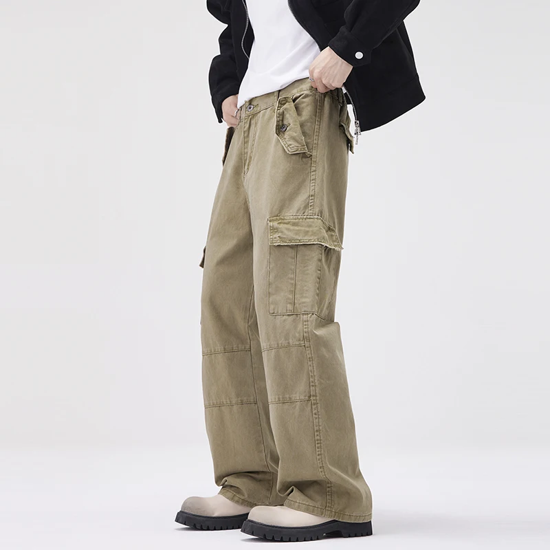 

American Style Men's Cargo Pants Vintage Cotton Washed Distressed Loose Straight Leg Outdoor Paratrooper Male Workwear Trousers