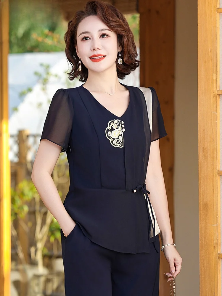 

Модный летний комплект для мам 2025: Новинка! Традиционный китайский стиль для женщин среднего возраста, хлопковый топ с коротким рукавом