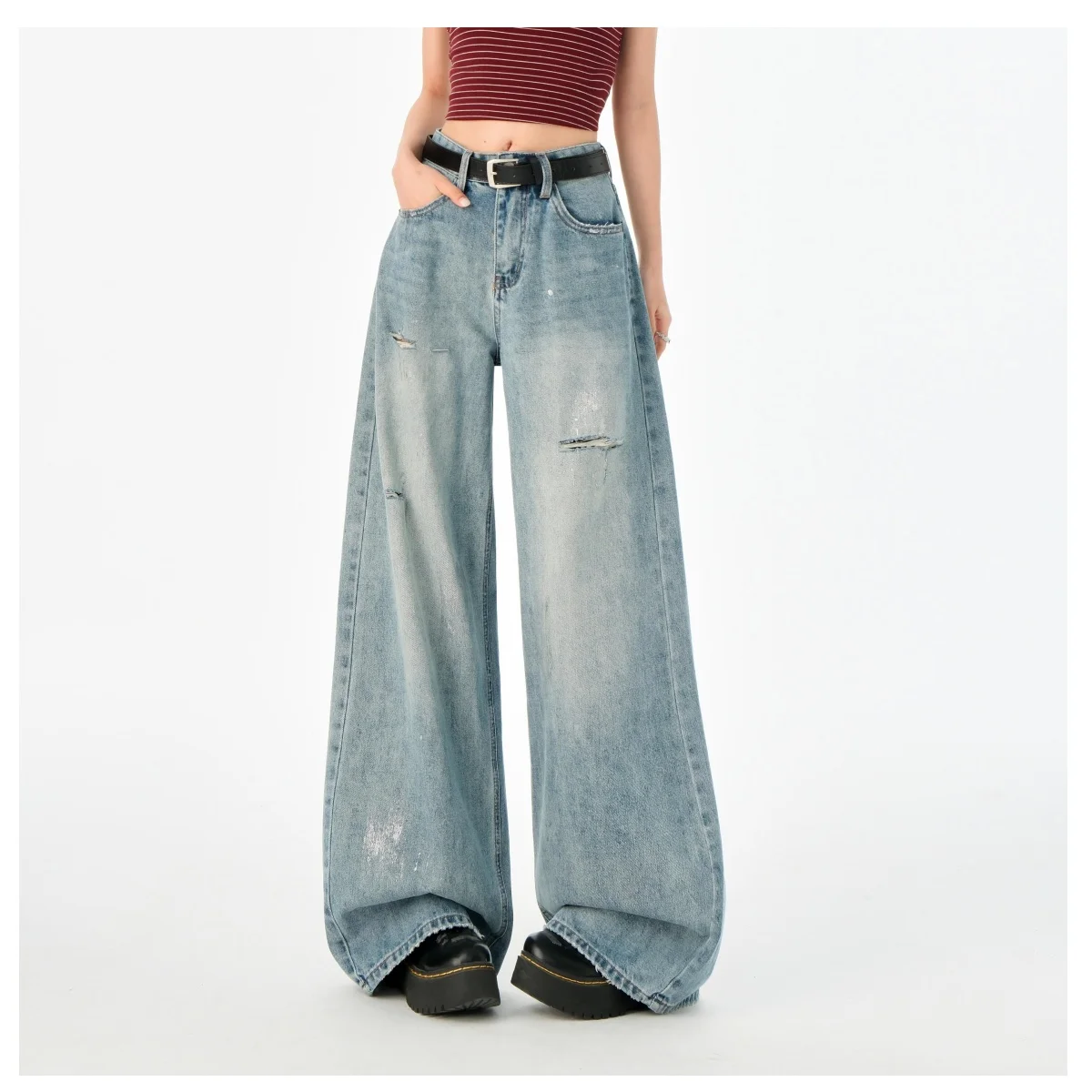 

Women's Retro Ripped Wide-Leg Jeans Loose Slimming Nostalgic Straight Pants Street Unisex Style Women's Trousers