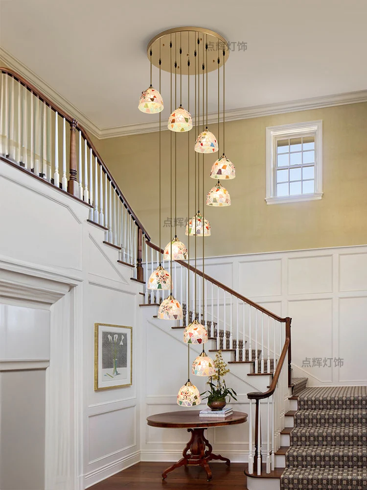 Spinning staircase long chandelier empty American medieval French loft apartment duplex villa living room loft light