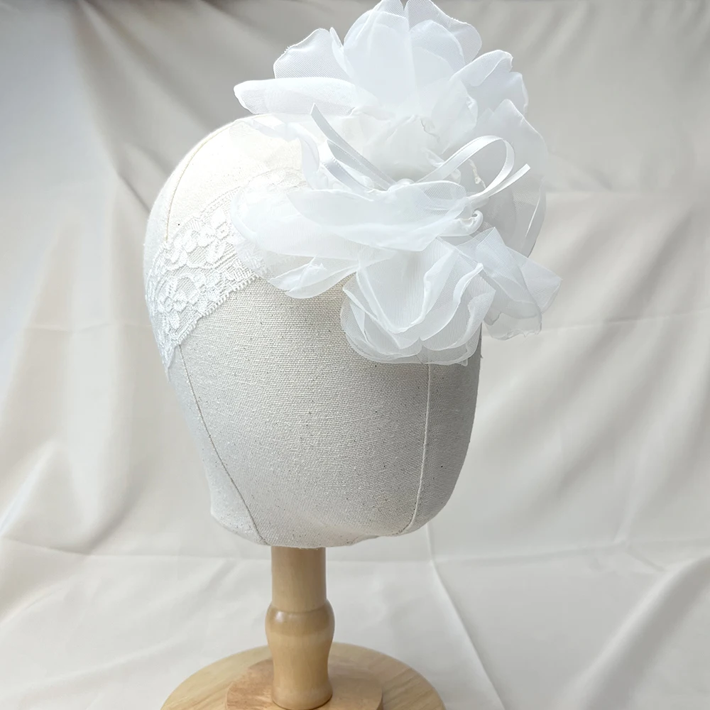 Large Chiffon Flower Headband Baby Girls Party Headdress Newborn White Mesh Flower Pearl Baby Hairflower Infant Wedding Headwear