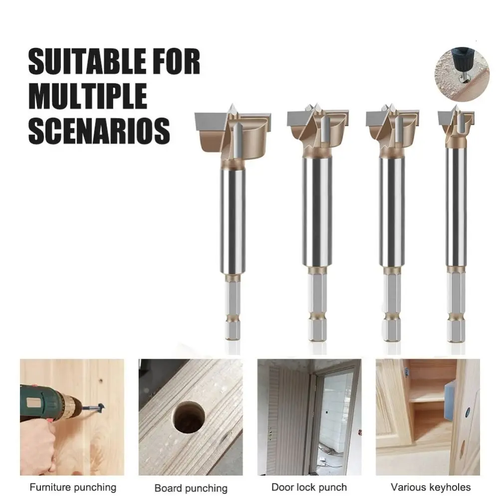 10-50mm Hinge Boring Bit Three Teeth Double Edge Opener Expanding Drill Bit Durable Hexagon Handle Hole Opener Tool 1/4in Shank