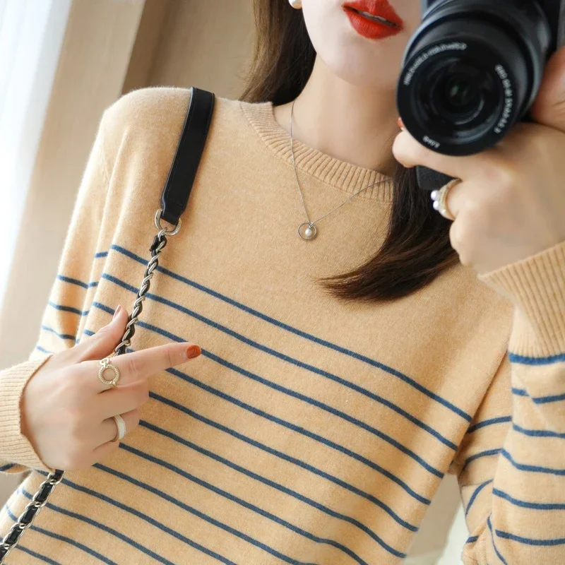 100% Cotton Knitted Women's Sweater Striped Color Matching Round Neck Large Size Loose Temperament Long Sleeve Bottoming