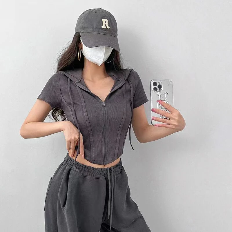 Frauen Schlank mit Hut Hoodies Zipper Solide Farben Sommer Vintage Kordelzug Crop Tops Kurzarm Design Dünne Koreanische Y2k Würzig