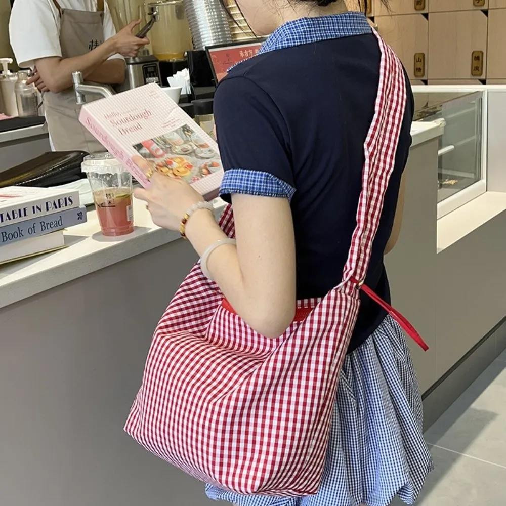 

Fashion Y2k Plaid Shoulder Bag Drawstring Korean Style Canvas Crossbody Bag Shoulder Strap Handbag Underarm Bag Women