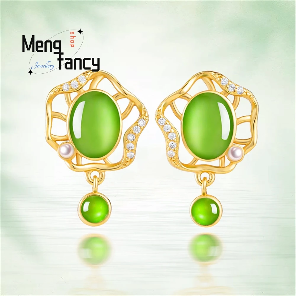 

Genuine Spinach Green Natural Old Material Hetian Jade Jasper Earring Female S925 Silver Inlaid Jade Temperament Simple Earrings