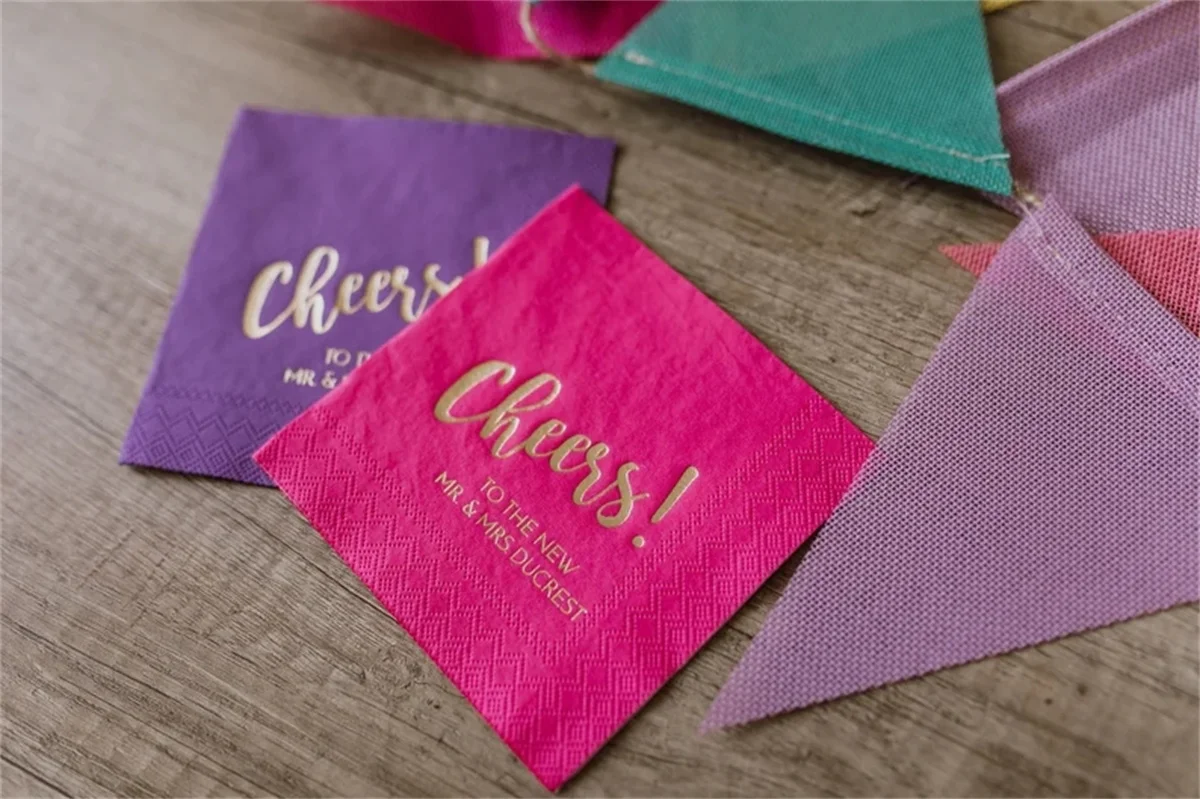 50 PCS Cheers napkins, Custom wedding Napkins, Gold foil, Custom Napkins, napkins for wedding, cocktail napkins, Beverage Napkin