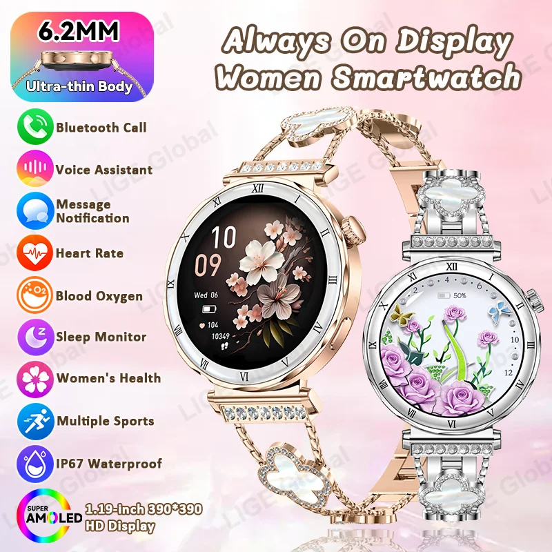 LIGE Ultra Thin Smart Watch Women Always On Display Clock Diamond Bracelet Sports BT Call AMOLED Fashion Smartwatch Ladies Gift