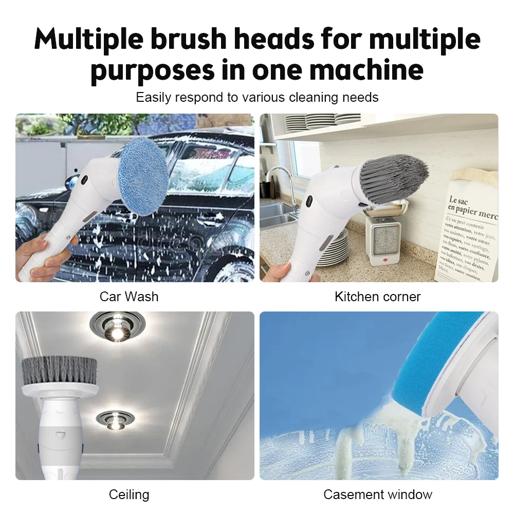 Electric Spin Scrubber IP5 Waterproof 3 Speeds Digital Display Cordless Scrubber Cleaning Brush with 8 Replaceable Brush Heads