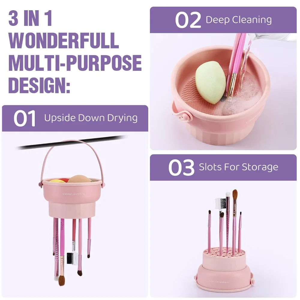 3 in 1 Silicone Makeup Brush Cleaning Mat with Detachable Washing Bowl for Deep Cleaning Drying and Storage Organizer Non Slip Textured Surface for Cosmetic Foundation Blush Eyeshadow Brushes Khaki Color Professional view 2
