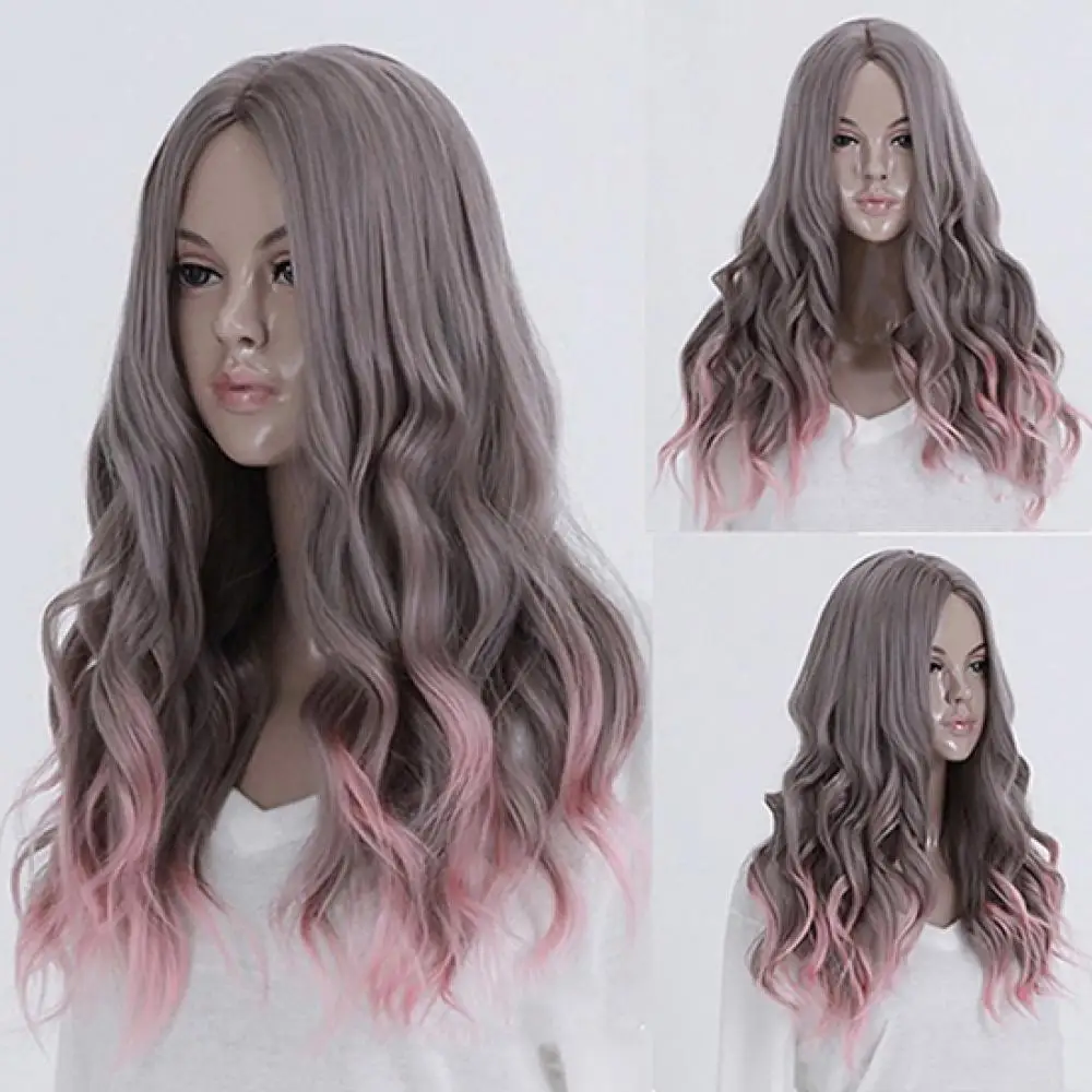 

60cm Lolita Mix Grey Pink Centre Parting Cosplay Long Curly Wavy Hair Full Wigs Synthetic Mixed Wigs With Bangs Party Lolita Wig