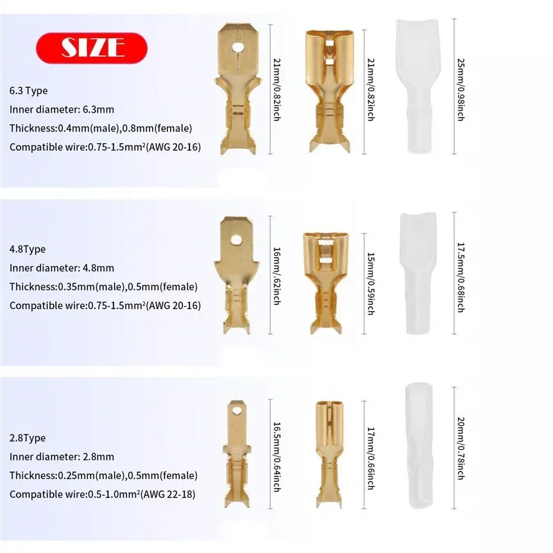 30/60/150/300PCS 2.8mm/4.8mm/6.3mm Male Female Spade Crimp Terminal Electrical Sleeve Wire Connector for 22-16 AWG 0.5mm2-1.5mm2