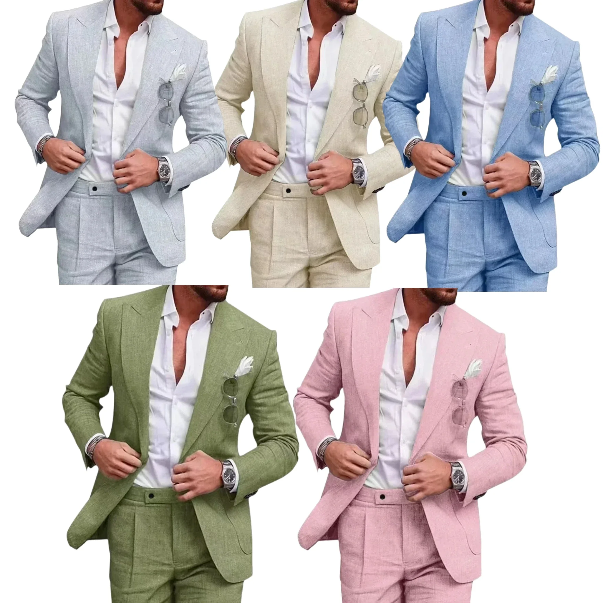 

Summer Beach Party Attire Single-button Two-piece Blazer Trousers Regular Suit Elegant Man Suit，for Groomsmen，linen Suit