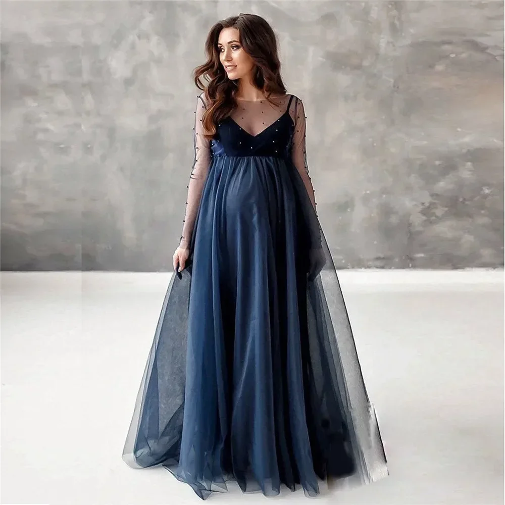 Cute Maternity Evening Dresses Photography Props For Baby Showers Party Tulle Long Pregnant Women Pregnancy Photoshoot Maxi Gown