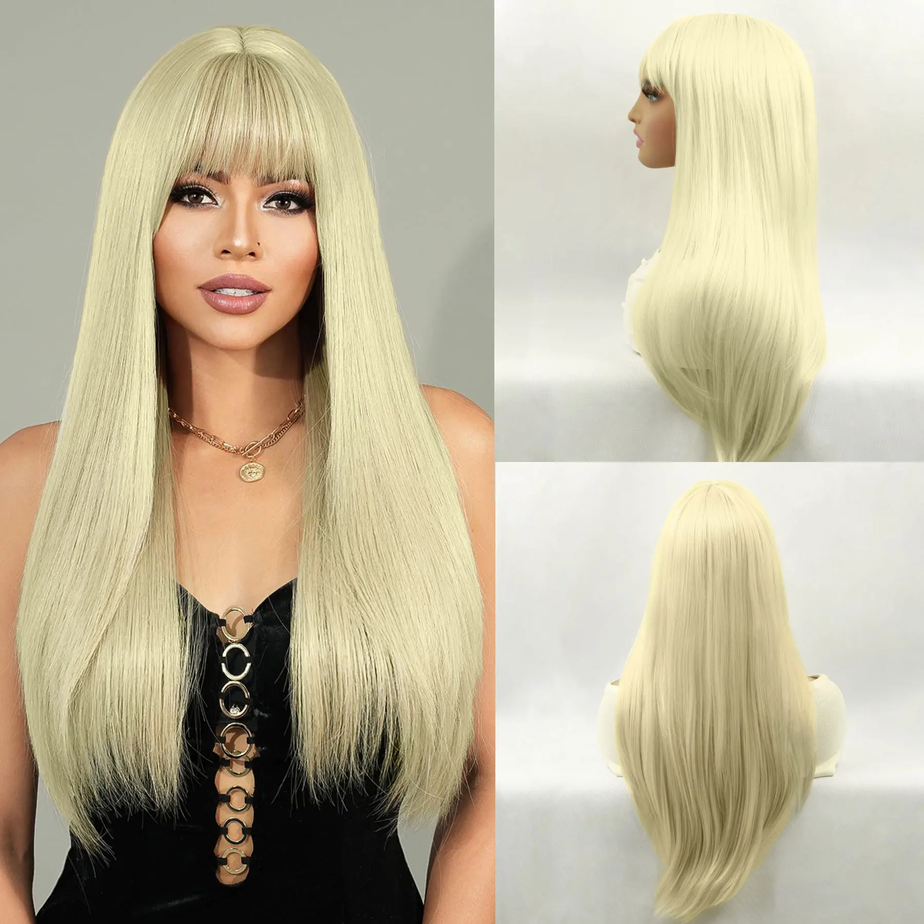 

26Inch Blonde Platinum Golden Synthetic Wigs With Bang Long Natural Straight Hair Wig for Women Daily Cosplay Parties Use