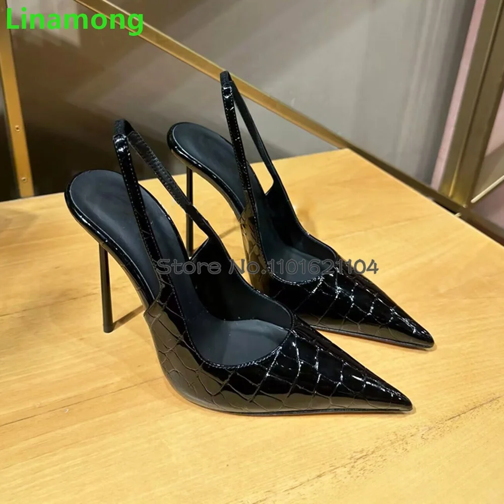 Black Stone Pattern Thin High Heel Pumps For Female Women 2024 Runway New Pointed Toe Slingback Slip-on Shallow Leather Shoes