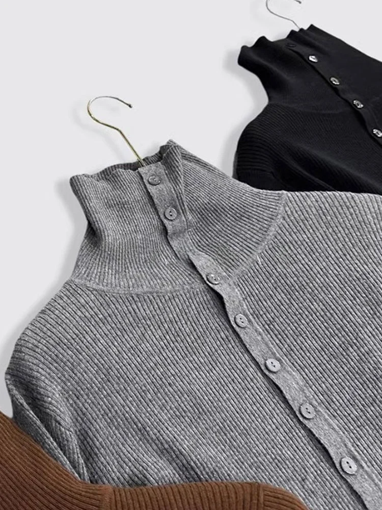 الخريف عالية الياقة زر تصميم مريح لون نقي طويل Sve محبوك الصوفية عارضة بسيطة أعلى سترة تريكو