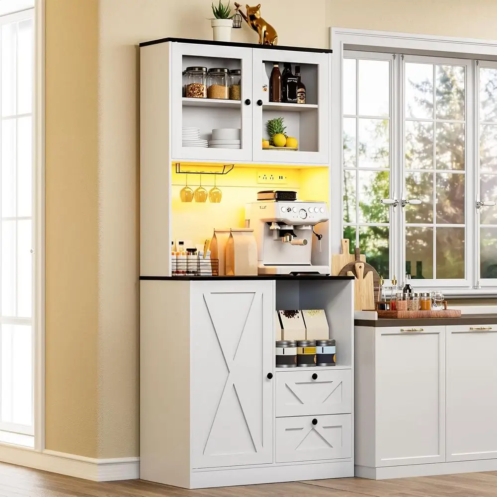 LED-lit Tall Kitchen Storage Cabinet with Microwave Stand, Globe Hooks, Adjustable Shelves for Dining or Living Room, White