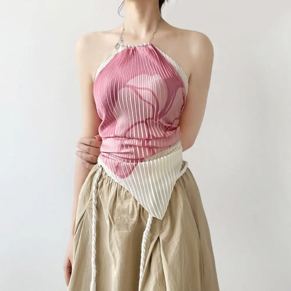 Aesthetic Print Bandage Wrap Top Boho Tie Dye Backless Pleated Beaded Halter Top Y2k Holiday Beachwear For Women Lady Girl