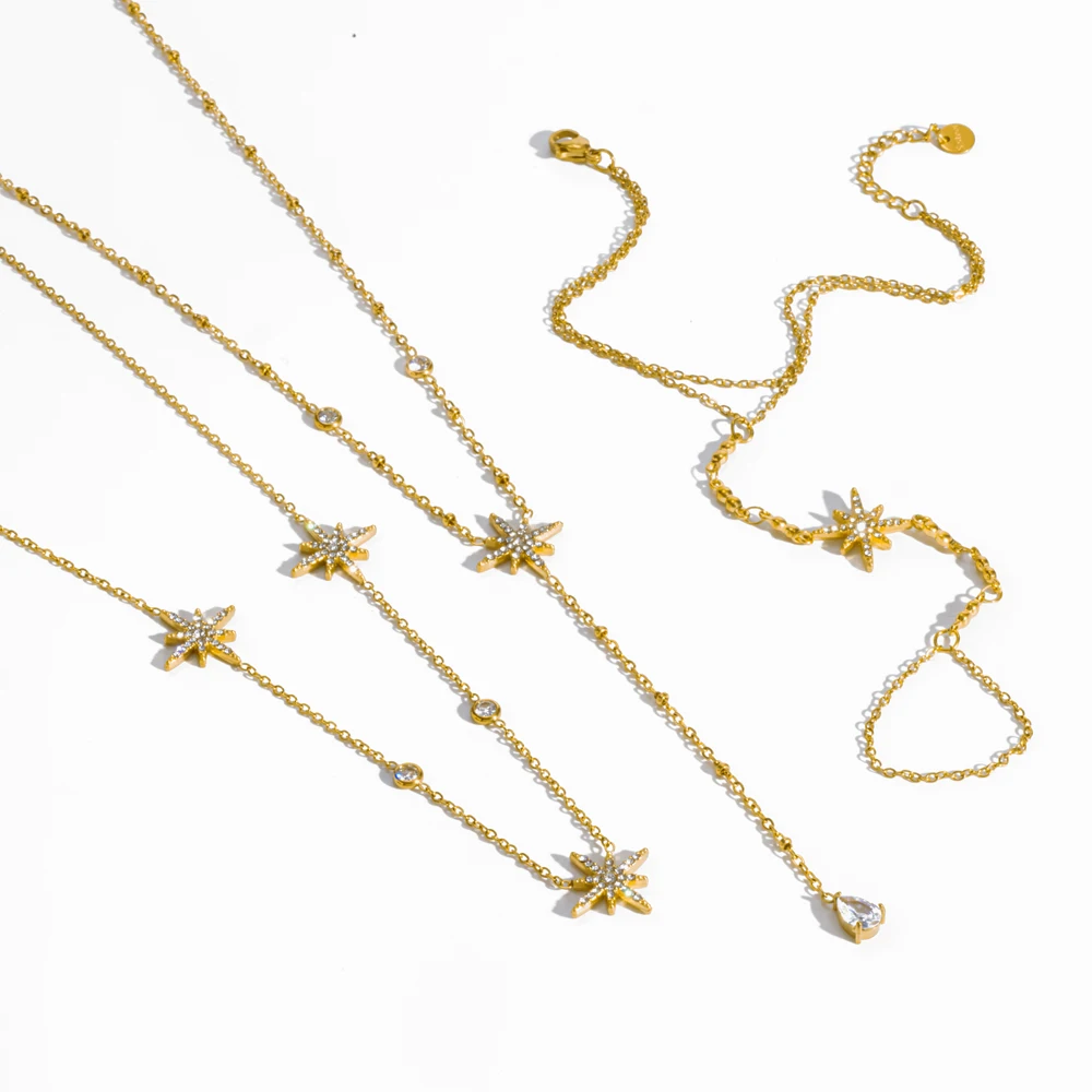 Exquisite Octagonal Star Zircon Jewelry Set 18K Gold-Plated Stainless Steel Waterproof Bracelet Necklace Combo Gift for Women