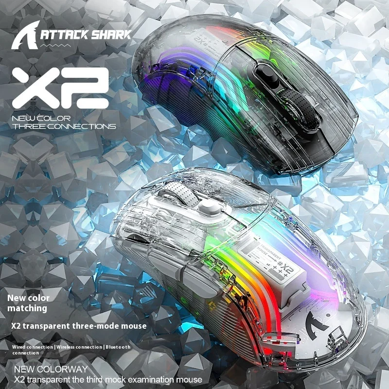 

Беспроводная мышь Attack Shark X2rgb, три режима, легкая игровая Bluetooth мышь для киберспорта, новый цвет, прозрачный подарок для мальчика.