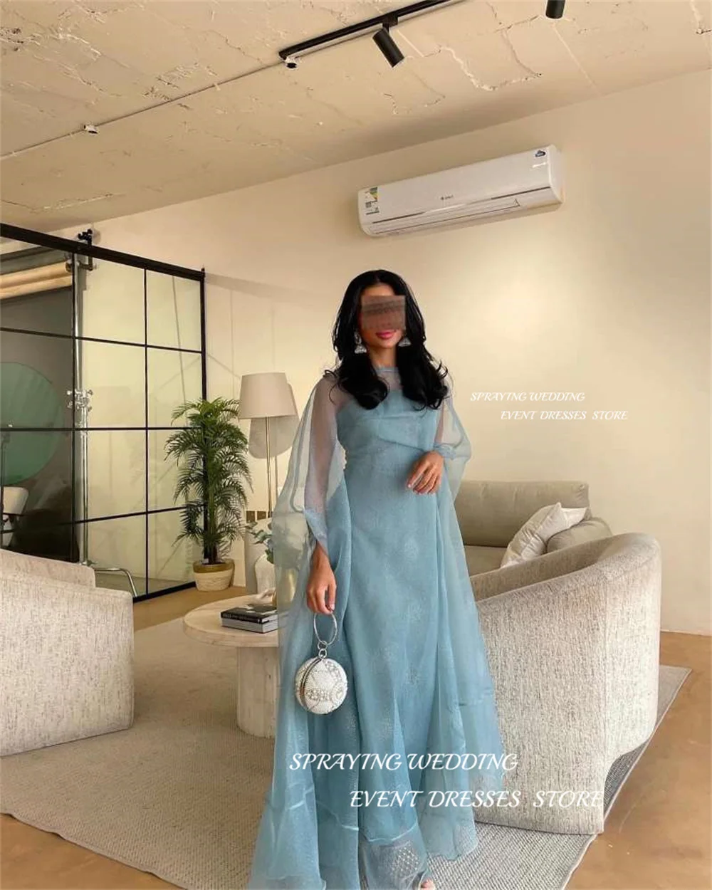 SPRAYING Elegant Woman Dress Light blue A-line party dress O-Neck full Sleeve Floor-Length Evening Dress