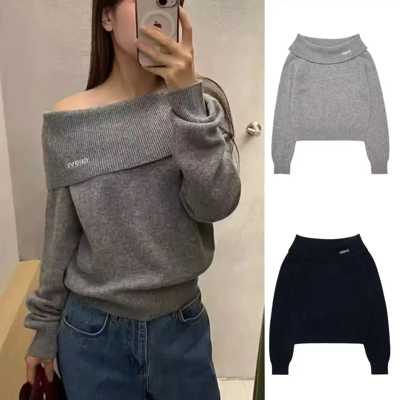 Slimming Fashionable Knitted Sweater Shoulder Bared Style Women's Casual Loose Fit Long Sleeve Knitwear Casual Style