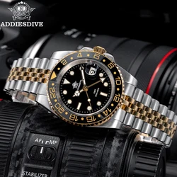 ADDIESDIVE Men's Watch 316L Stainless Steel 20Bar Diving C3 Super Luminous Ceramic Bezel GMT Quartz Watch