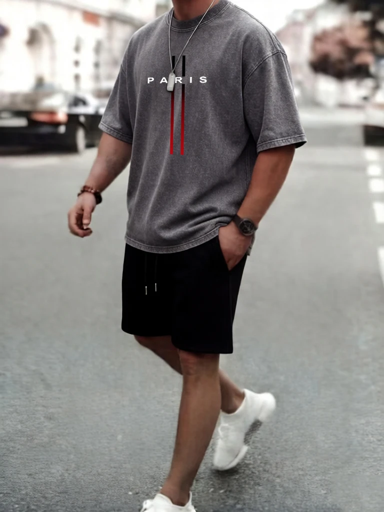 

Paris Letter Creative Design Washed T-Shirt Men Cotton Fashion T Shirt Unisex Breathable Short Set Loose Man O-Neck Clothing