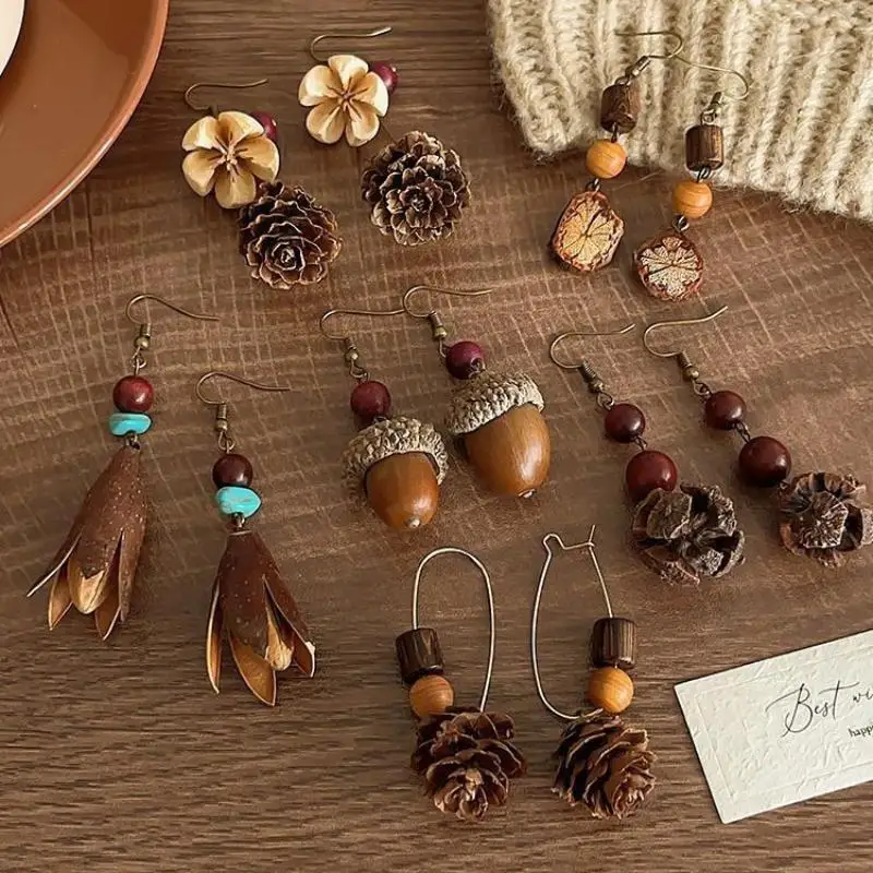 Hot Sale Vintage Wooden Plant Earring For Women Creative Natural Plant Dried Fruits Drop Earrings Ethnic Jewelry