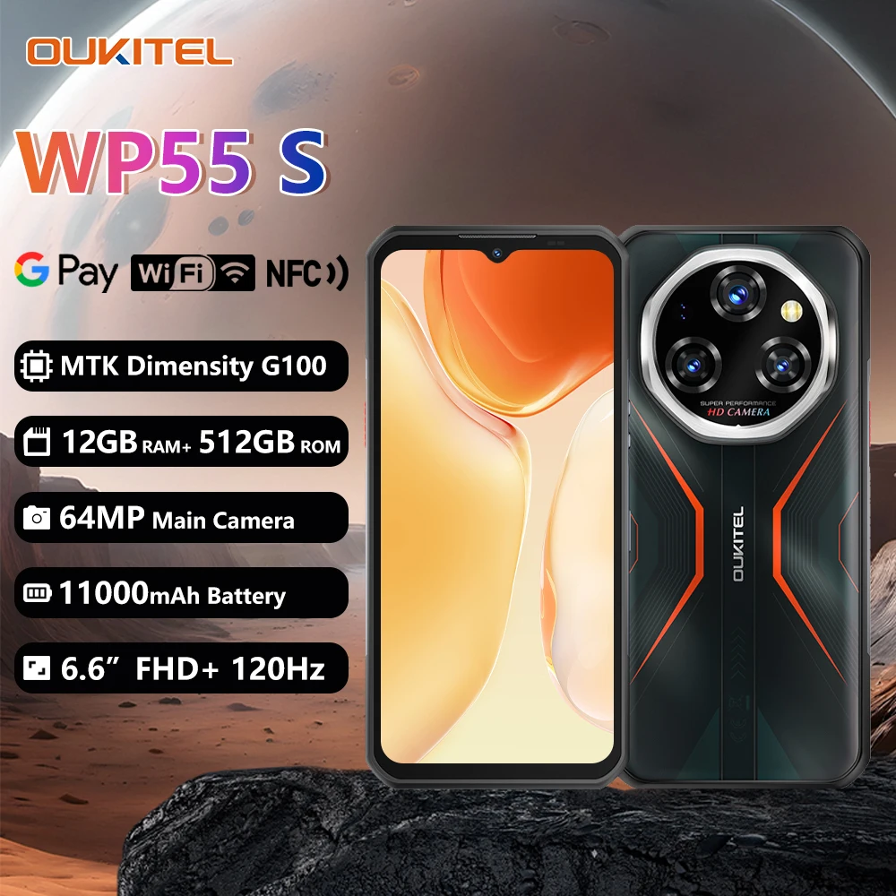 OUKITEL WP55S 11000mAh Rugged Phone 6.6'' FHD+ Display 36GB(16+24) +512GB MTK 7025 Smartphone Android 15, 64MP Camera, NFC 120Hz