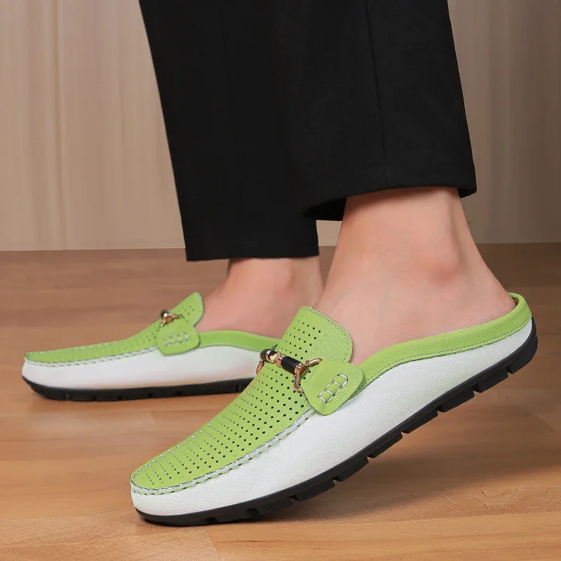 British Style Mens Half Dragged Loafers Genuine Leather Man Flats Outdoor Casual Business Men Driving Shoes All-match Moccasins