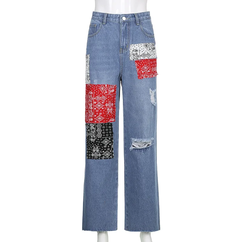 Bandana Retalhos de ganga feminina, jeans rasgado, cintura alta, calça reta, streetwear, moda, novo, 2024