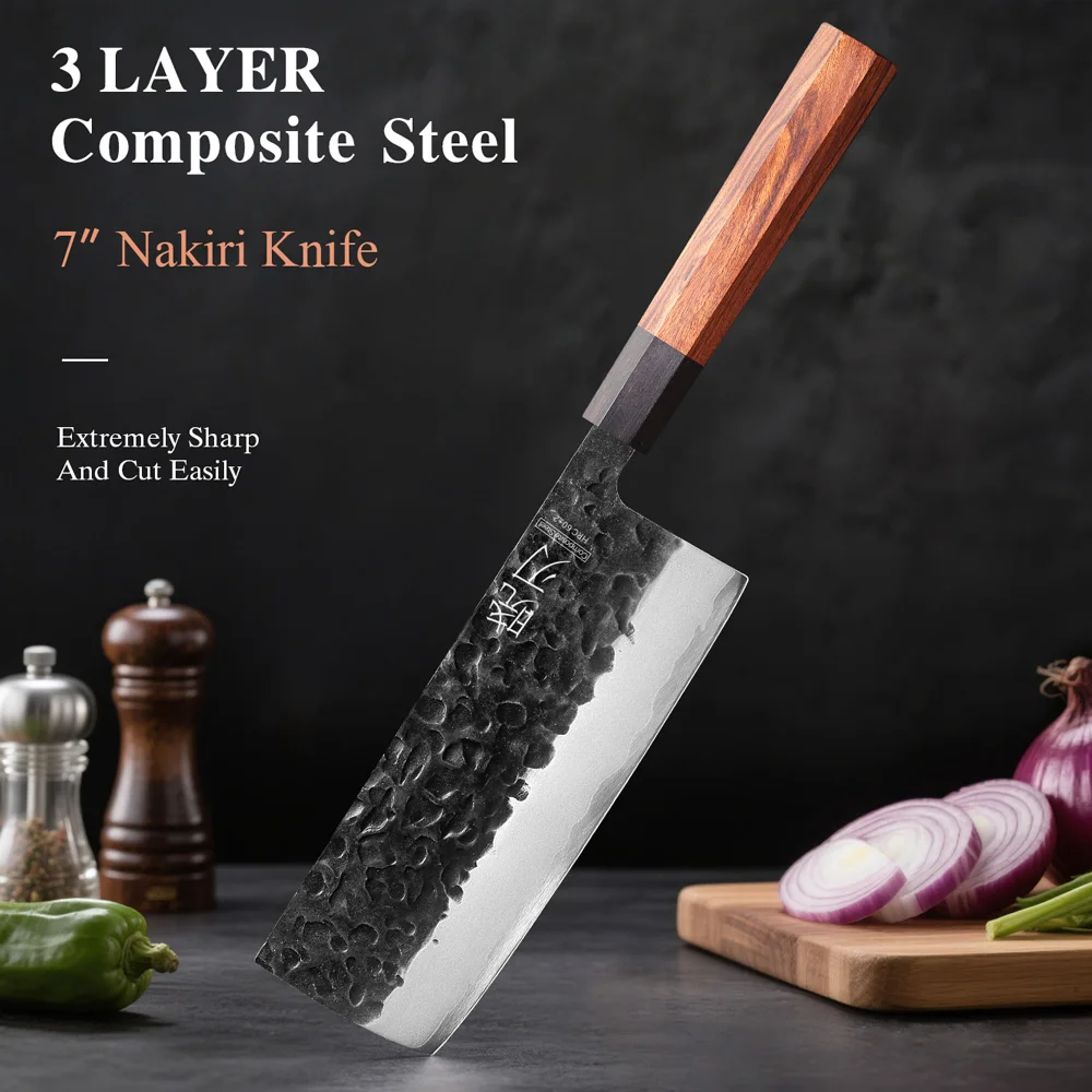 7-Zoll Japanisches Nakiri Kochmesser Dreischichtiger Verbundstahl Handgefertigtes Küchenmesser zum Schneiden von Fleisch und Gemüse Professionelles Küchenmesser