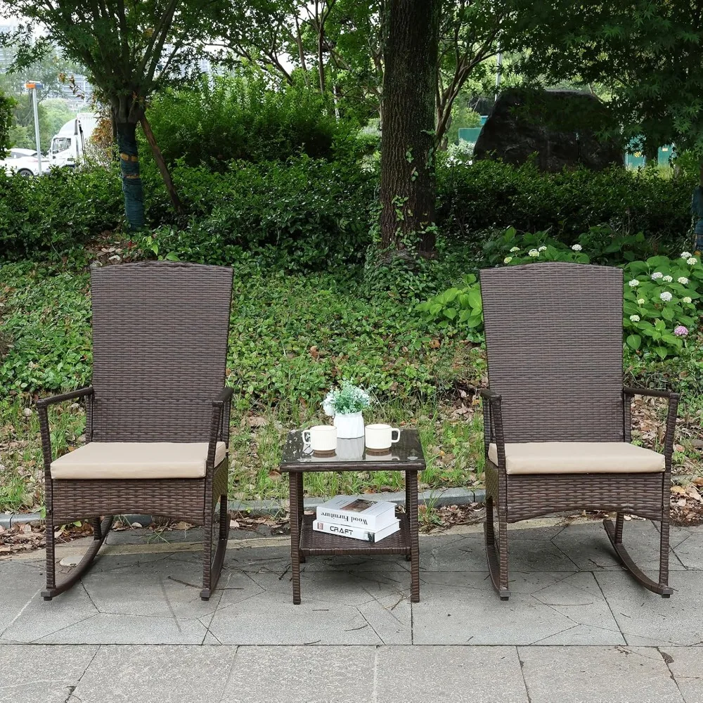 Outdoor Rocking Chair 3 Pieces High-Backed Rocking Chair Patio Rocking Chairs Outdoor Table