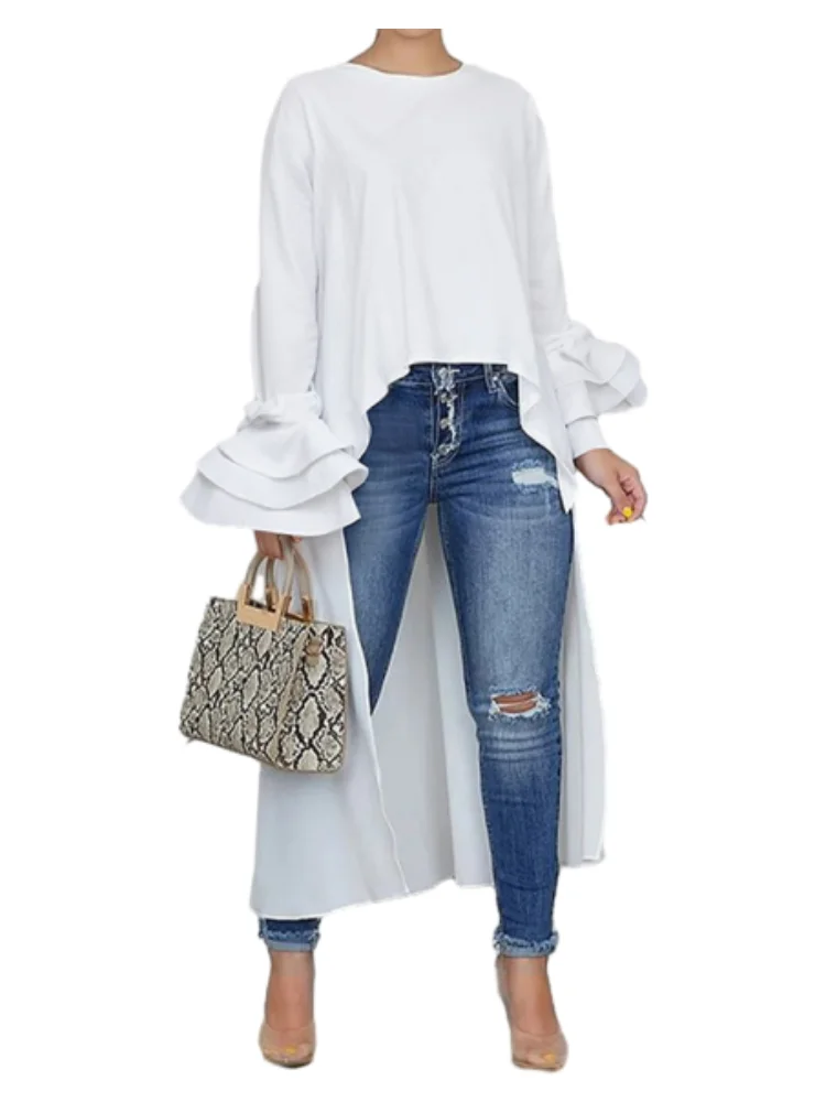 

Bonboho Women's White Ruffled Sleeve Blouse Solid White Extra-long Loose Fit T-shirt 2025 Summer Casual Pleated Shirt Tops