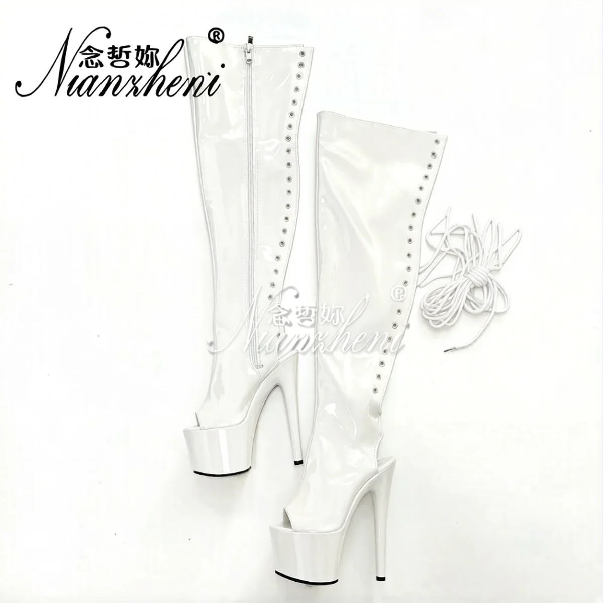 Open Toe Stripper Heels 7Inch Crossdresser Shiny Surface Over The Knee Boots 17cm Pole Dance Gothic Shoes Sexy High Women Heels