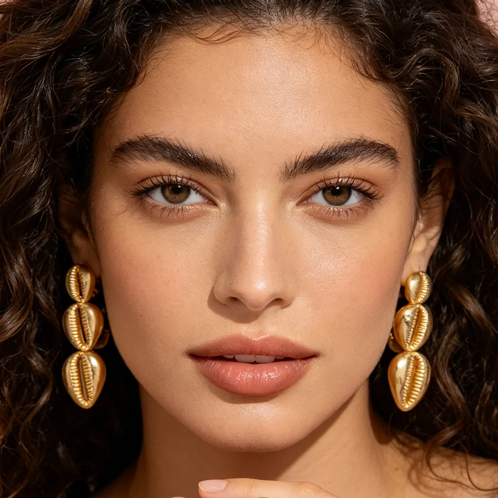 Damen 18K vergoldetes Muschel-Ohrring- und Ring-Set, afrikanisches ethnisches Statement-Schmuckset, Geschenk für Party und Hochzeit – Detail 6