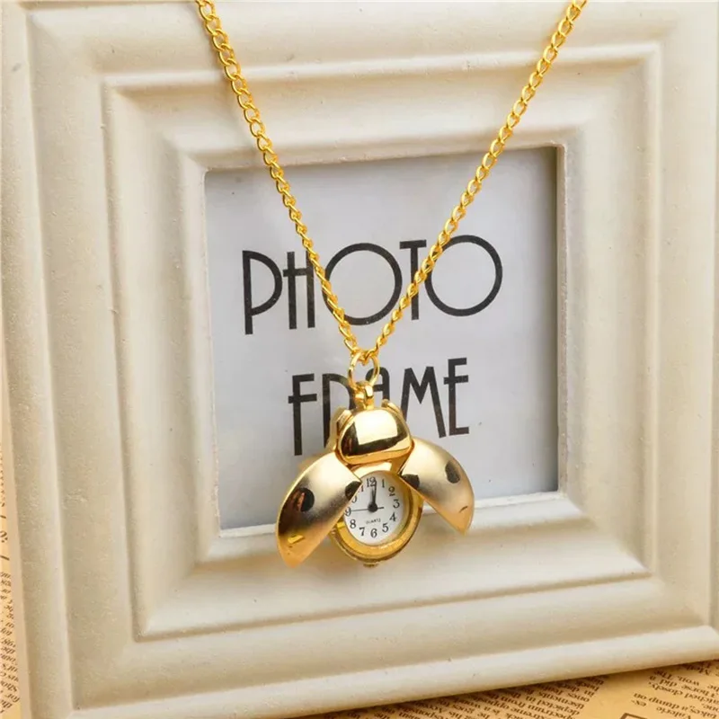 Fashion Mini Beetle Pocket Watch,Gold/Silver Cute Pendant Watch with Chain for Students,Creative Flip-Top Pocket Watch for Gifts