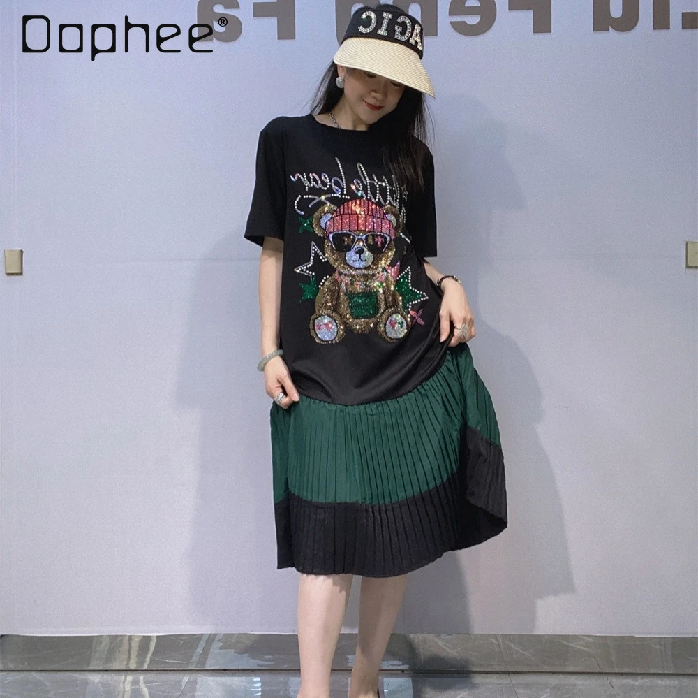 

Pentagram Bear Contrasting Color Splicing Short-sleeved Dress Women's Summer New Heavy Industry Hot Diamond Casual Dress