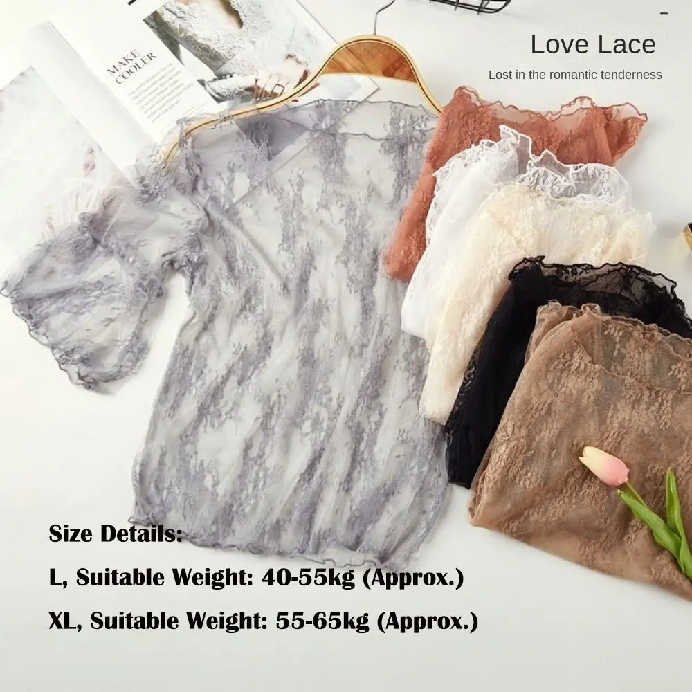 แฟชั่นเซ็กซี่ชีฟอง Hollow Out Lace Backing เสื้อดูผ่านแขนสั้นครึ่งแขนเสื้อตาข่าย Top สุภาพสตรี