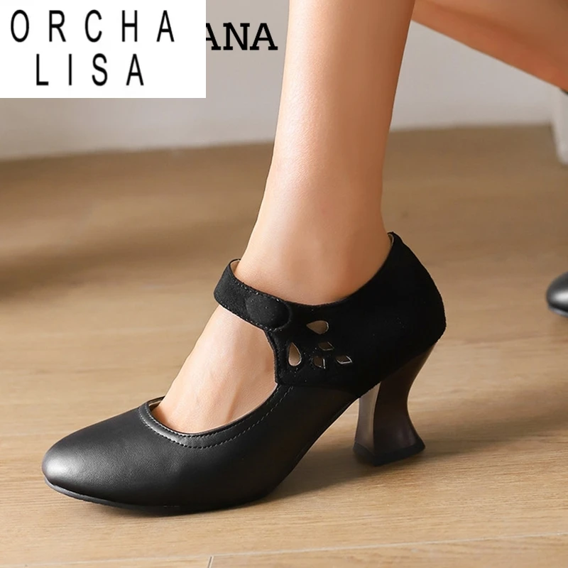 

ORCHA LISA Лето-весна Симпатичные женские туфли-лодочки с круглым носком 6,5 см Маленькие каблуки из флока и пряжкой из искусственной кожи с ремешком на щиколотке Желтый Большой размер 46 48